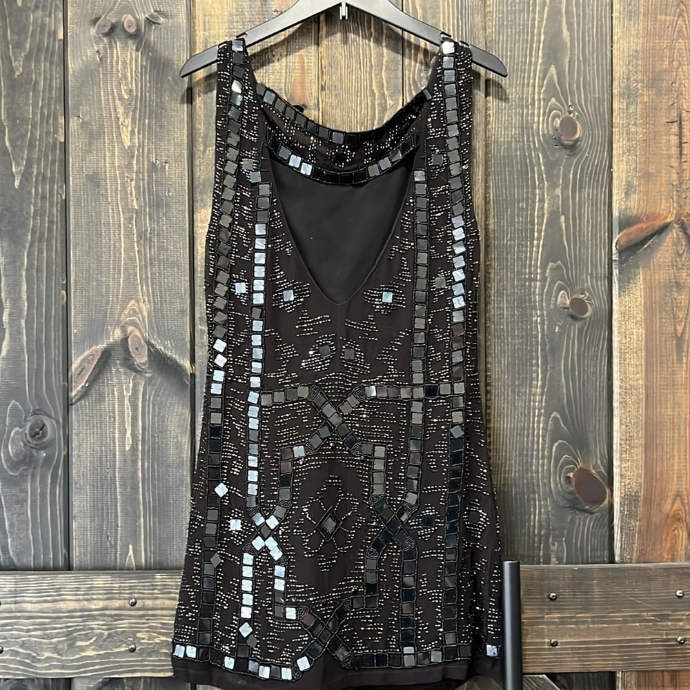 Free People Speak Easy Mini Dress‎ S Black Sequins Boho Beaded Party Semi Formal - Picture 6 of 11